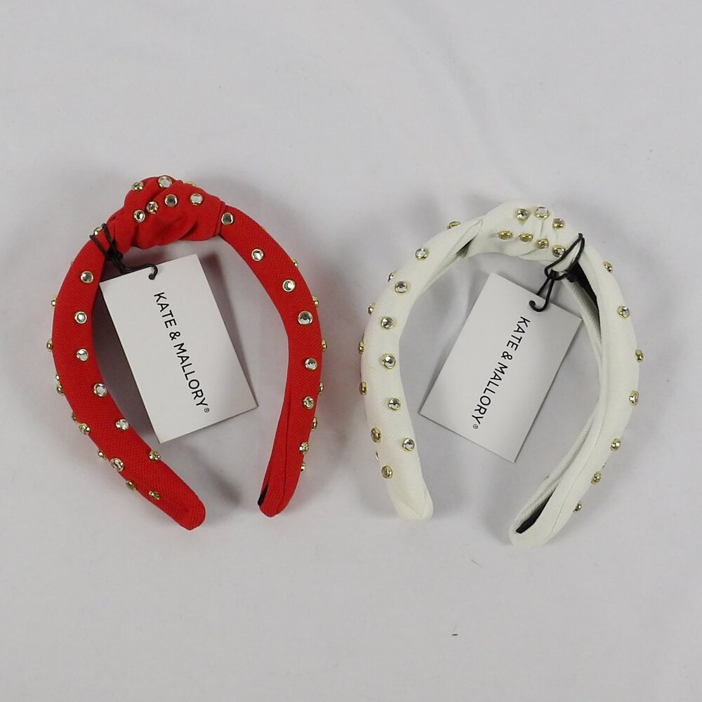 Kate & Mallory Set OF 2 Headbands with Clear Stone Accents Red & White NWT